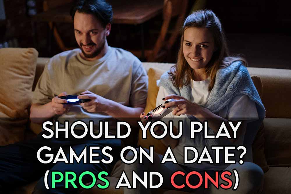 This image features the relevant article title asking whether you should play video games on a date or first date and an evocative image of two people playing games together